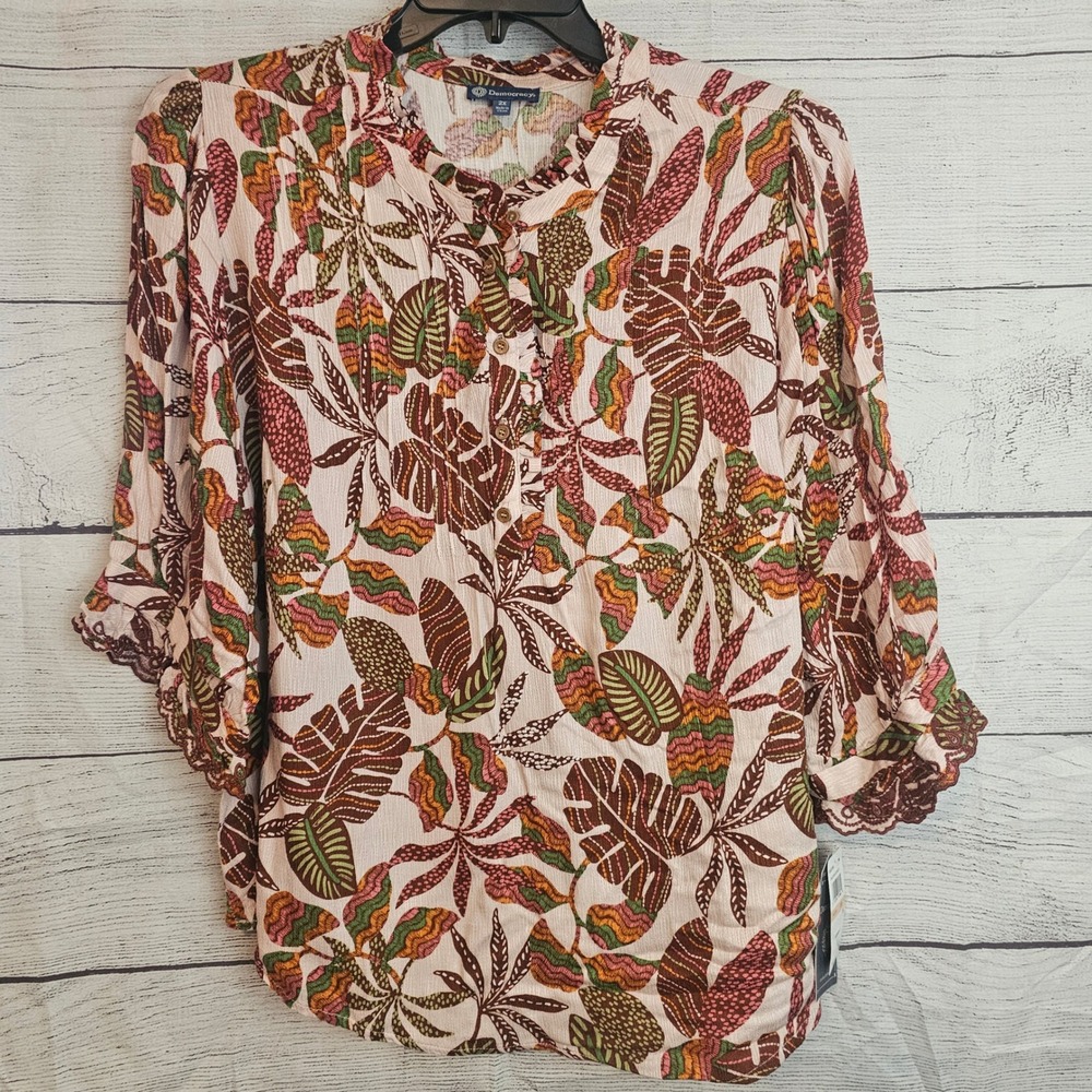 Democracy 2X Rayon Tropical Leaf Ruffle Embroidered 1/2 Button Up Shirt NWT 1183